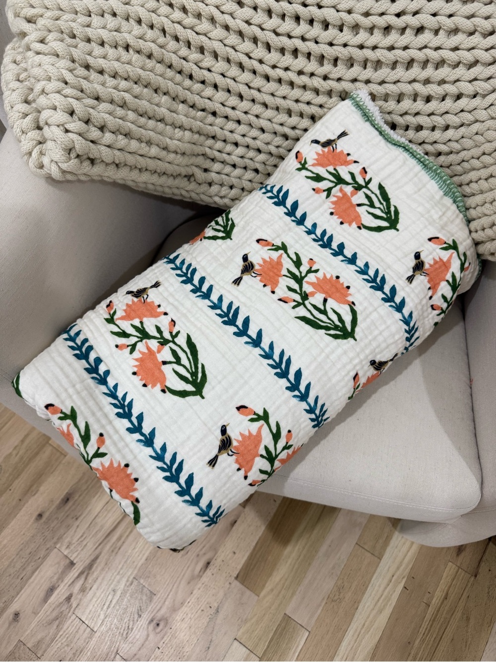 Anthropologie Gauze Cotton Sherpa Floral Printed Throw Blanket - Picture 3 of 5